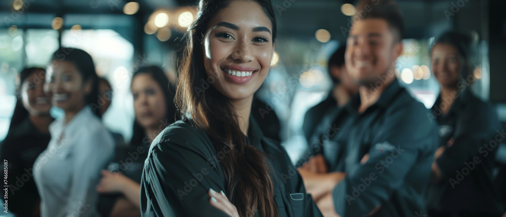 Confident professional woman smiling broadly, standing out in a focused group, embodying leadership. Confident professional woman smiling broadly, standing out in a focused group, embodying leadership.