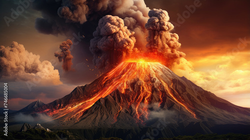 volcano with smoke billowing up and lava pouring out  © Tabassum