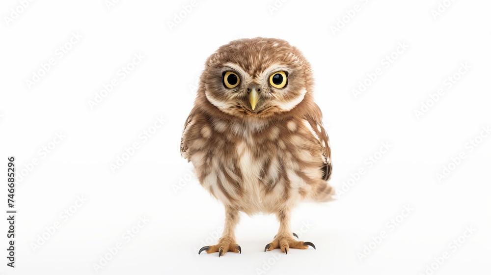 Naklejka premium Little Owl, 50 days old, Athene noctua, standing in front of a white background