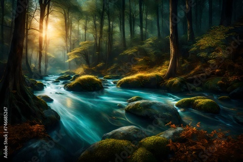 A mythical river flowing through a vibrant forest  its waters shimmering with an otherworldly radiance.