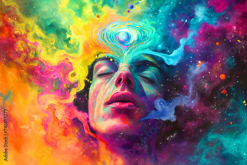 abstract hippy smoking, with universe coming out of his crown chakra, rainbow colours