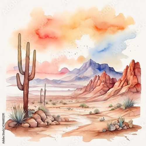 Watercolor Desert Landscape, acuarela, AI Generative photo
