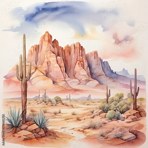 Watercolor Desert Landscape, acuarela, AI Generative photo