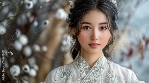 A beautiful 20 year old Chinese woman wearing a traditional white Hanfu embroidered with green plants, looking to the camera, beautiful young face and Chinese traditional clothing photo