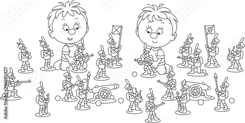 Happy little boys playing with toy soldiers and leading their small armies in an attack in a funny military game on the floor of a nursery playroom, black and white vector cartoon illustration
