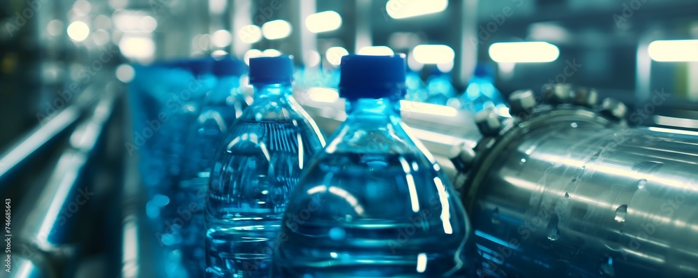 Interior of a beverage factory featuring a conveyor system transporting bottles for juice or water, equipped with modern machinery Interior of a beverage factory featuring a conveyor system transporting bottles for juice or water, equipped with modern machinery