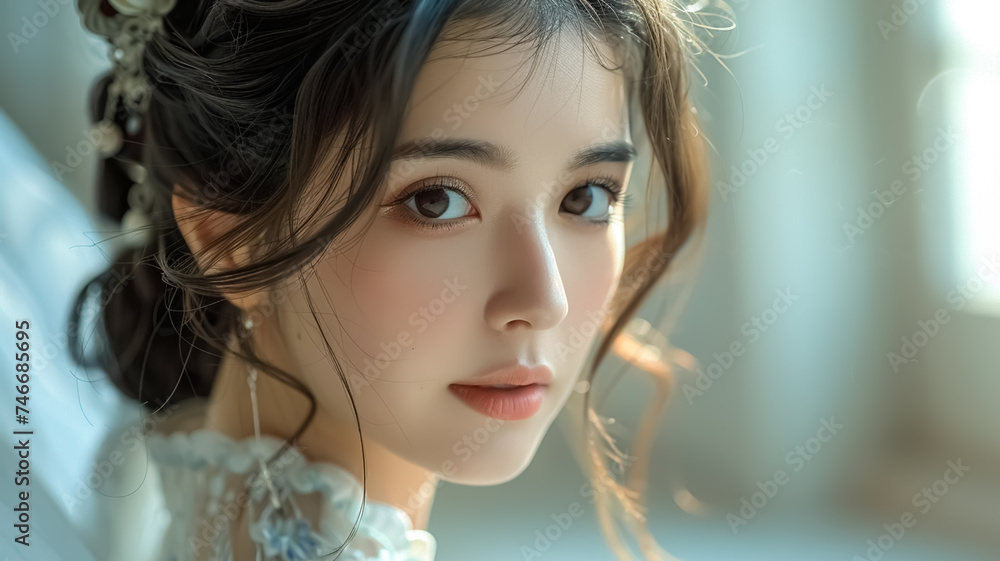 A beautiful 20 year old Chinese woman wearing a traditional white Hanfu embroidered with green plants, looking to the camera, beautiful young face and Chinese traditional clothing A beautiful 20 year old Chinese woman wearing a traditional white Hanfu embroidered with green plants, looking to the camera, beautiful young face and Chinese traditional clothing