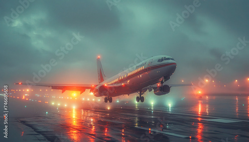 Airplane Landing on Rainy Runway at Night