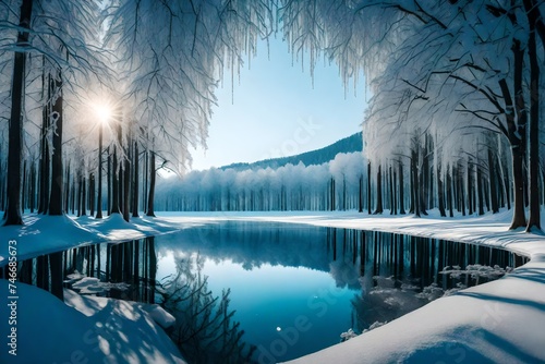 A frozen lake surrounded by crystalline trees, each one casting a unique, captivating reflection. © Haris