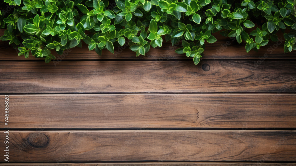 Top view of a wooden background adorned with a lush green plant, creating a serene atmosphere. Ample copy space is available, allowing for personalized messages or branding Top view of a wooden background adorned with a lush green plant, creating a serene atmosphere. Ample copy space is available, allowing for personalized messages or branding