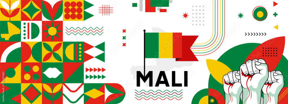 Mali national or independence day banner for country celebration. Flag and map of Mali with raised fists. Modern retro design with typorgaphy abstract geometric icons. Vector illustration	