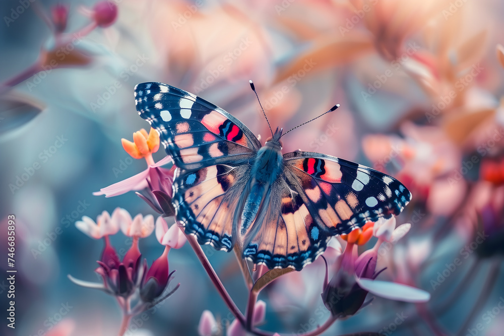 Naklejka premium A vibrant Painted butterfly patterned wings rests on a cluster of flowers, set against a dreamy, soft-focus background