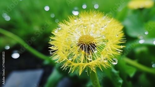 Macro mini dandelion flower In the rain with copy space. nature photo