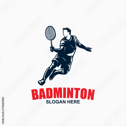 Badminton Jumping Smash Illustration logo design. Modern Passionate Badminton Player In Action Logo design template
