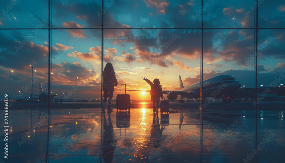 Mother and Child Gazing at Sunset in Airport Terminal - obrazy, fototapety, plakaty 
