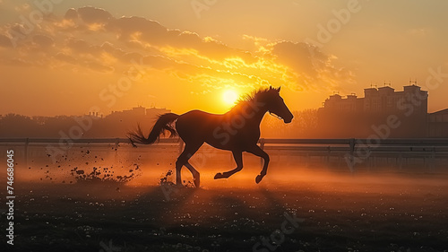 A horse during a horse race in the ranch , horseback riding during the race, action image of running horse © Loucine
