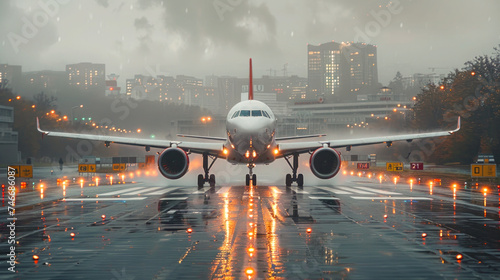 Airplane Taxiing on Rainy Runway with City Lights