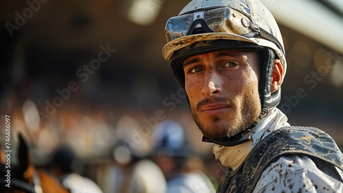 A man during a horse race in the ranch , horseback riding during the race, action image of man ready to ride