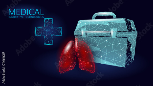 3D human lungs transplantation case. Red low poly lungs anatomy organ. Polygonal donor medicine patient help donation vector illustration