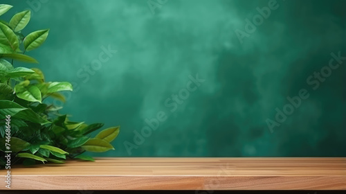 Wooden table top with green leaves on green wall background with copy space for product display