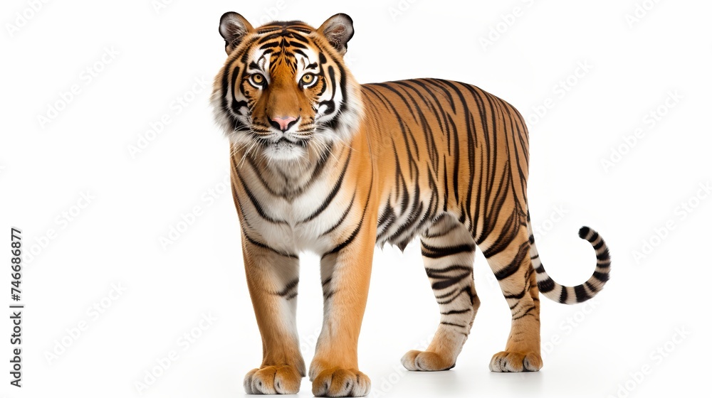 Portrait of Bengal Tiger, 1 year old, sitting in front of white background, studio shot, Panthera tigris tigris