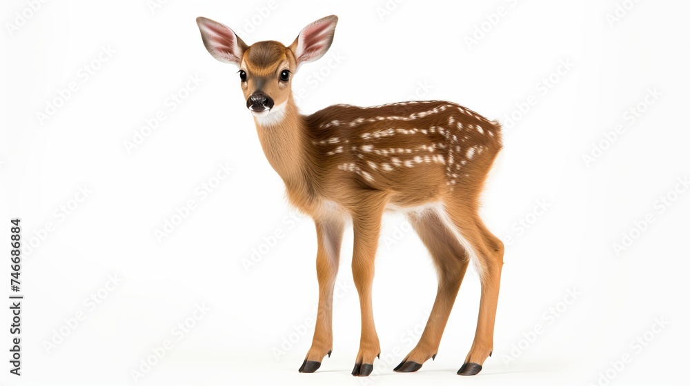 Portrait of Roe Deer Fawn, Capreolus capreolus, 15 days old, standing against white background, studio shot Portrait of Roe Deer Fawn, Capreolus capreolus, 15 days old, standing against white background, studio shot