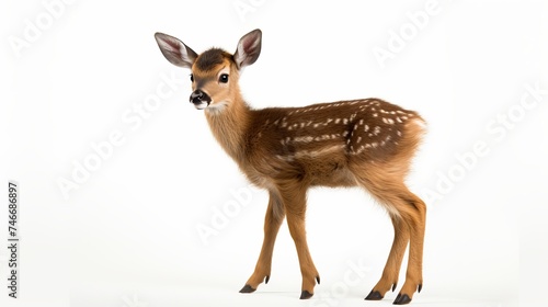 Portrait of Roe Deer Fawn, Capreolus capreolus, 15 days old, standing against white background, studio shot photo