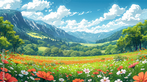 Vector illustration peaceful paradise scene, nature flowers and mountains landscape