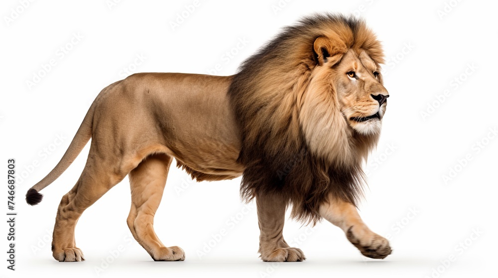 Fototapeta premium Side view of a Lion walking, looking at the camera, Panthera Leo, 10 years old, isolated on white