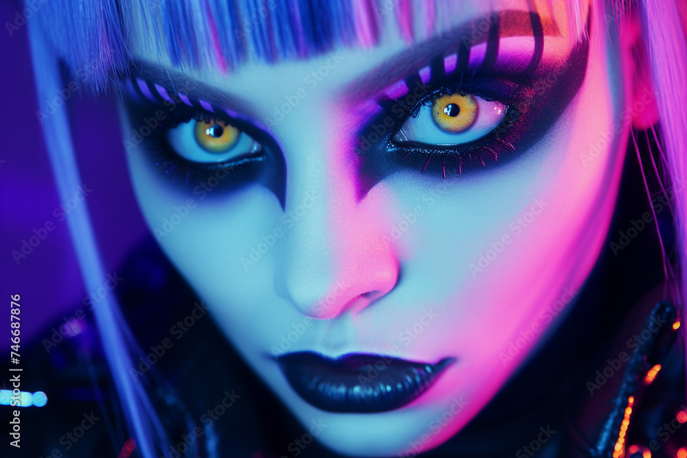 AI generated image of modern girl futuristic avatar portrait with neon light on skin isolated over dark background AI generated image of modern girl futuristic avatar portrait with neon light on skin isolated over dark background