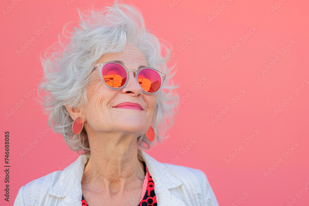 Fashion Caucasian senior woman with modern clothes and pink sunglasses over pink background with copy space Fashion Caucasian senior woman with modern clothes and pink sunglasses over pink background with copy space