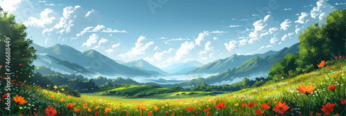 Vector illustration peaceful paradise scene, nature flowers and mountains landscape