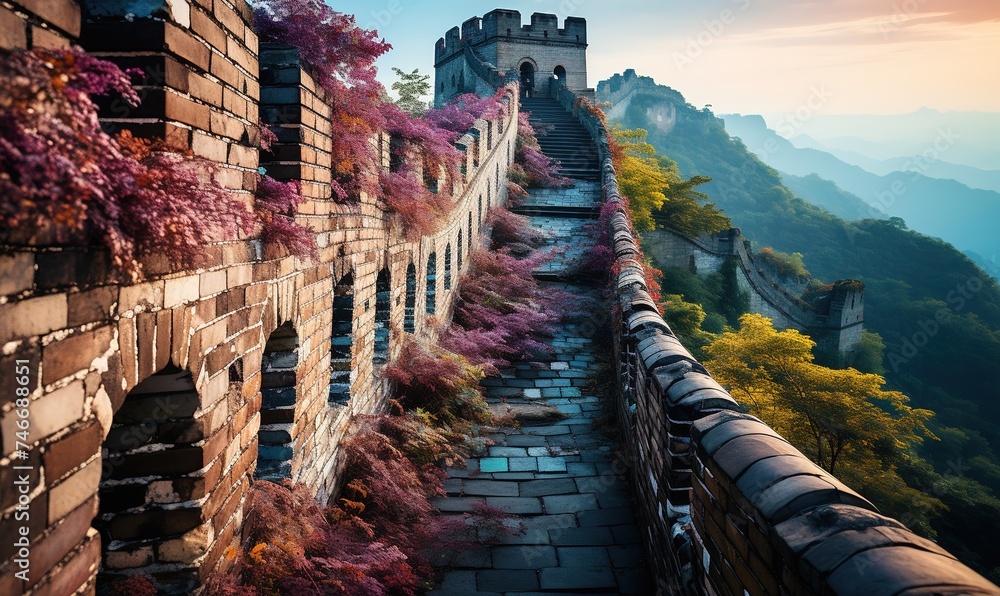 aerial view of the great wall, in the style of light indigo and light amber, mesmerizing colorscapes, light pink and dark green - obrazy, fototapety, plakaty 