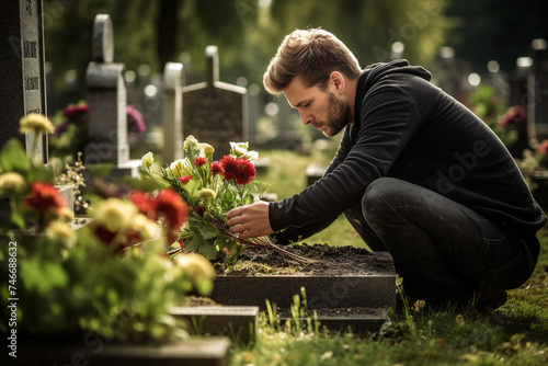 Ai generated picture of sad lonely man visiting loved one family at a cemetery © deagreez