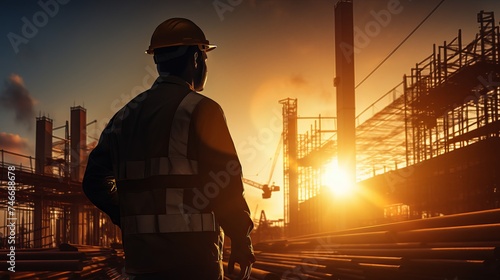 Silhouette engineer in safety protective equipment standing orders for construction crews to work at building construction site. It's a key successfully for business, successful concept photo