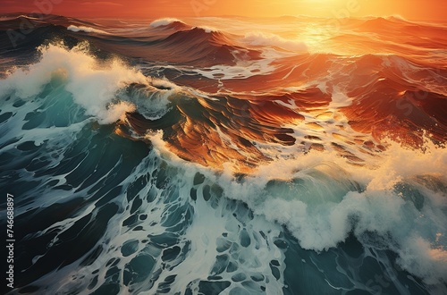 aerial view of the waves of the north sea at sunset, in the style of western dynasty, southern countryside, restored and repurposed, pristine naturalism, rich and immersive photo