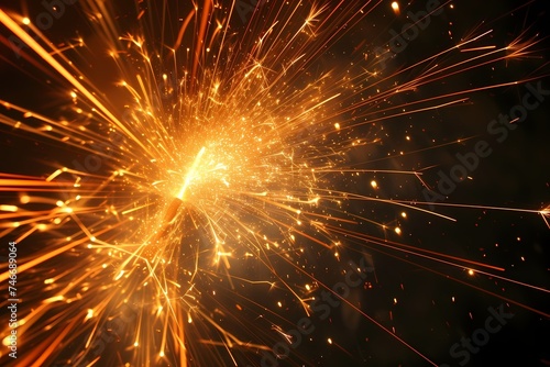 A dynamic shot capturing the moment of a firework s explosion  with trails of light and sparks spreading outwards and painting the sky with a vivid palette of colors.