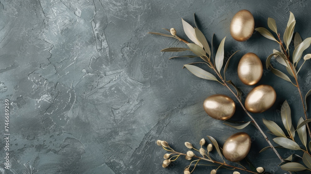 Stylish composition of golden Easter eggs adorned with olive branches on a textured slate background, symbolizing festivity and peace.