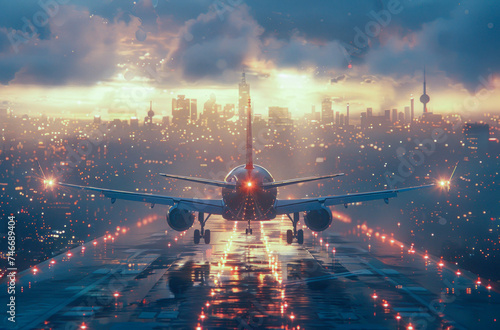 Airplane Ready for Takeoff on Rainy Runway at Dusk