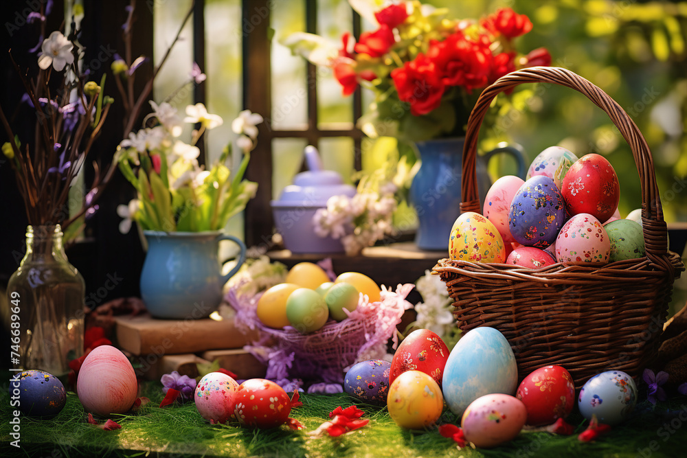 Funny Easter themed Generative AI illustration eggs bunny dinner celebration party nature atmosphere Funny Easter themed Generative AI illustration eggs bunny dinner celebration party nature atmosphere