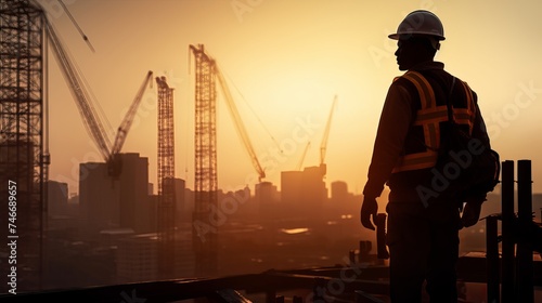 Silhouette industry engineer standing orders for construction team to work safely on high ground heavy industry concept. over blurred background sunset pastel