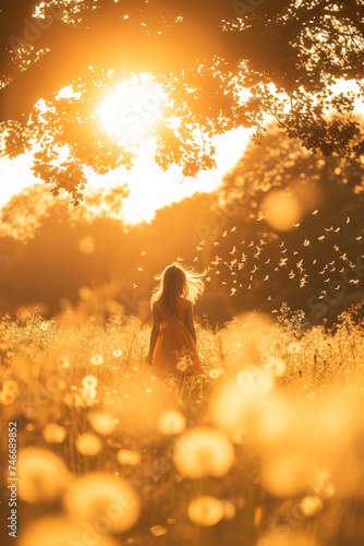 Silhouette of girl with dandelions flying on the air into a serene landscape under a golden sun. Vertical image