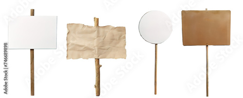 Collection of wooden and paper banners on wooden sticks for copy space. Protest, activism and promotional concept photo