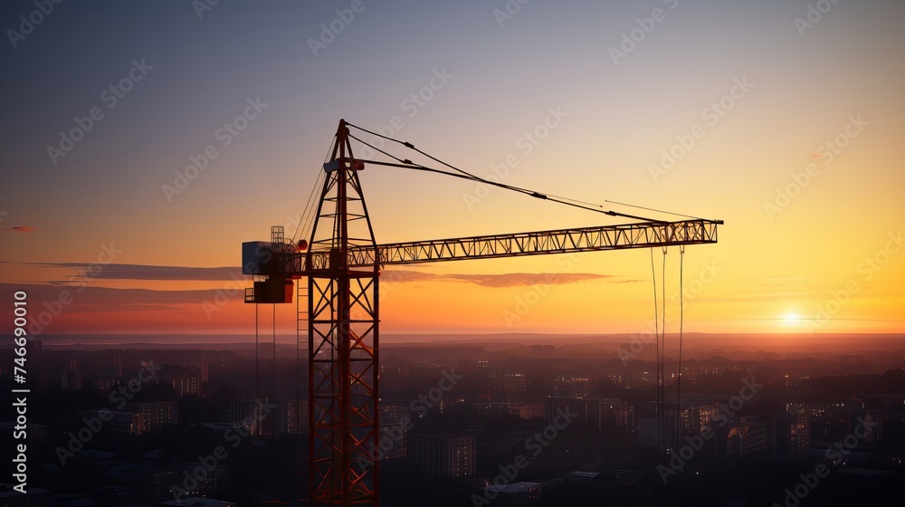 Silhouette of construction site crane in sunset