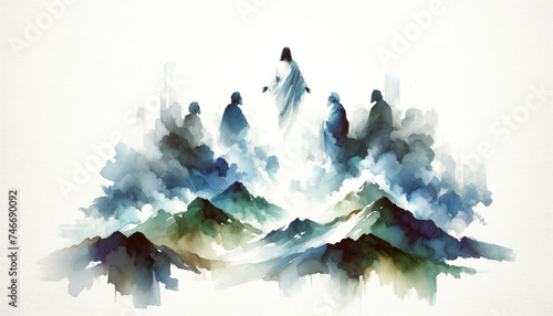 The greatest miracle: Transiguration of Jesus. llustration of Jesus appearing bright to the apostles on a mountain. Digital watercolor painting.