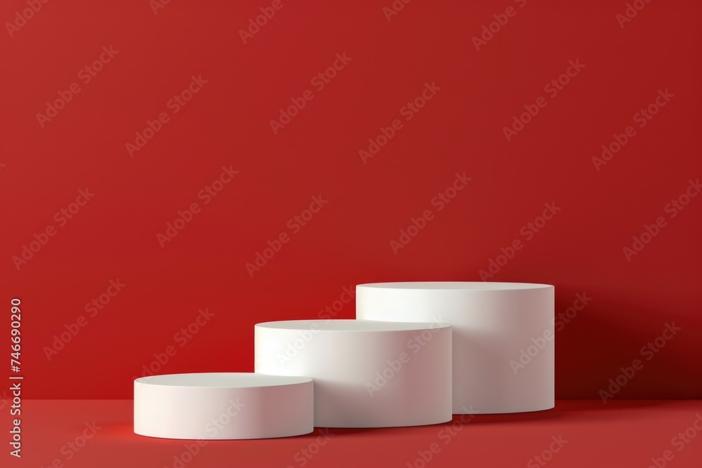 White podium on red background for product presentation. Minimal 3D render. White podium on red background for product presentation. Minimal 3D render.