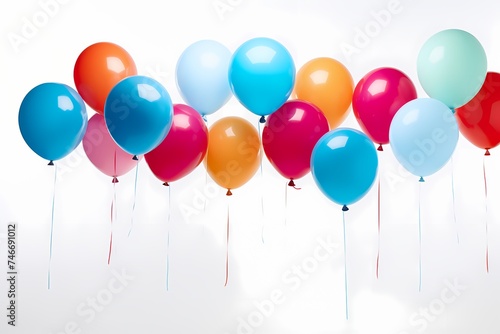 A dynamic shot capturing a bunch of helium-filled birthday balloons floating freely against a white background  creating a sense of excitement and anticipation.