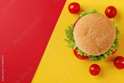 Delicious fish burger with tomatoes  cheese slices and fresh lettuce on yellow and red background © darshika