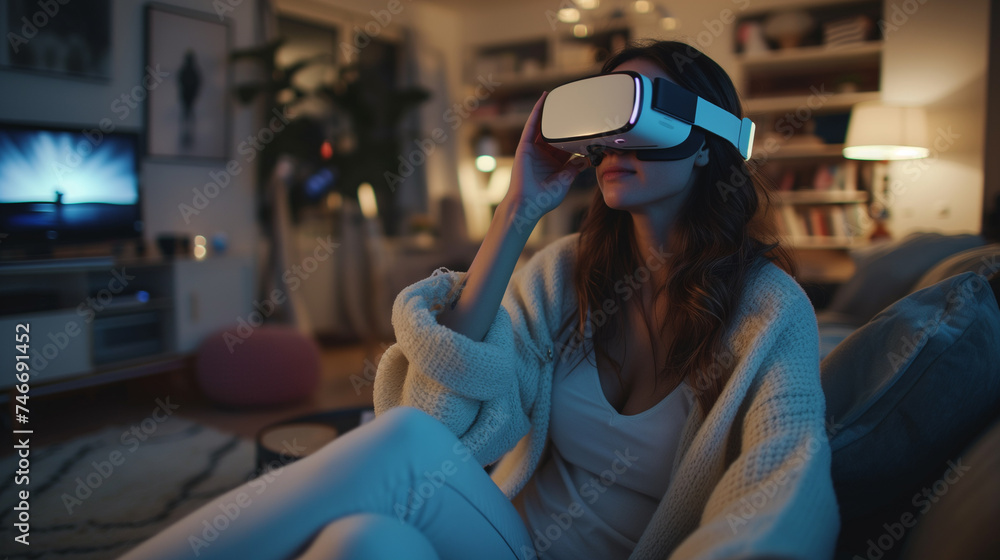 Virtual Serenity Woman Enjoying VR at Home on the Sofa Virtual Serenity Woman Enjoying VR at Home on the Sofa