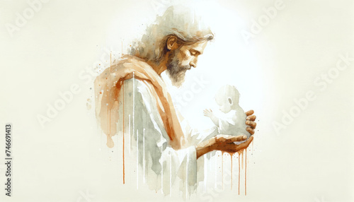 Digital painting of Jesus Christ with baby in the hands, watercolor illustration. © Faith Stock